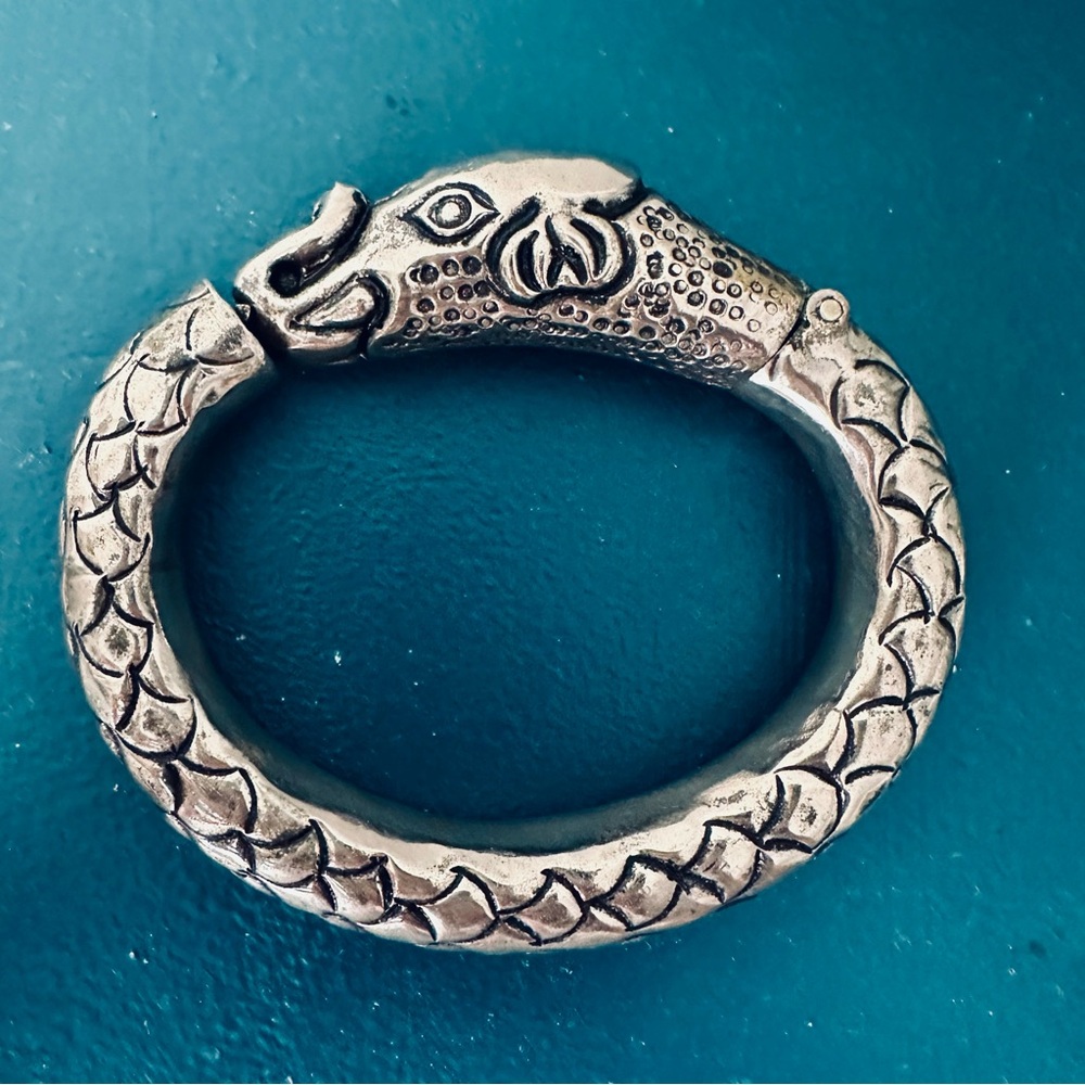 Vintage Artisan Elephant Snake Oxidized Sterling Silver Bangle Bracelet, Rare